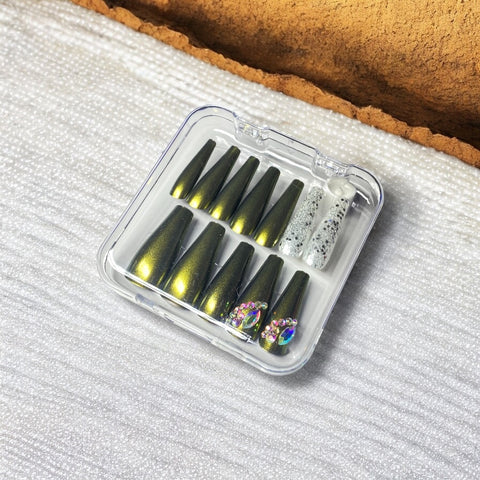 Olive Chrome Coffin - Press On Nails